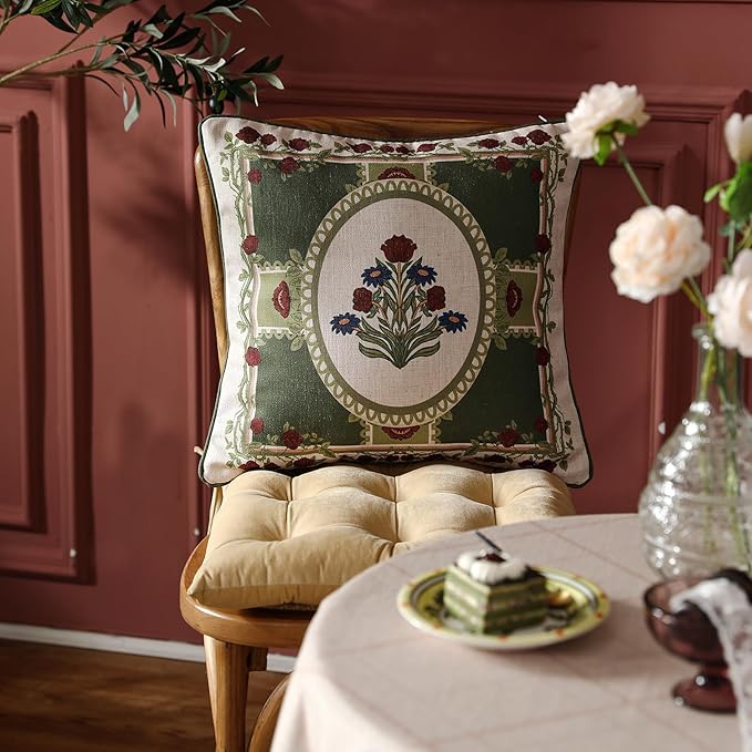 ISAENNE Design Linen Square Throw Pillow Covers 18"x18" Pack of 2, Yellow Green French Cushion Covers with Red Rose Floral Pattern Decoration Pillowcases for Bed, Living Room, Outdoor, Car