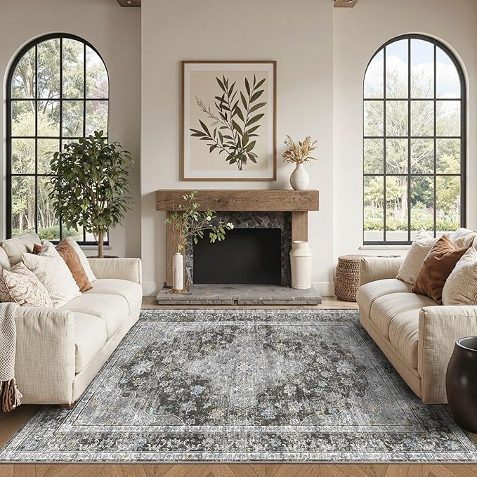 4x6 Area Rugs for Living Room, Small Washable Black Rugs, Entryway Non Slip Rug by OHWPEAT