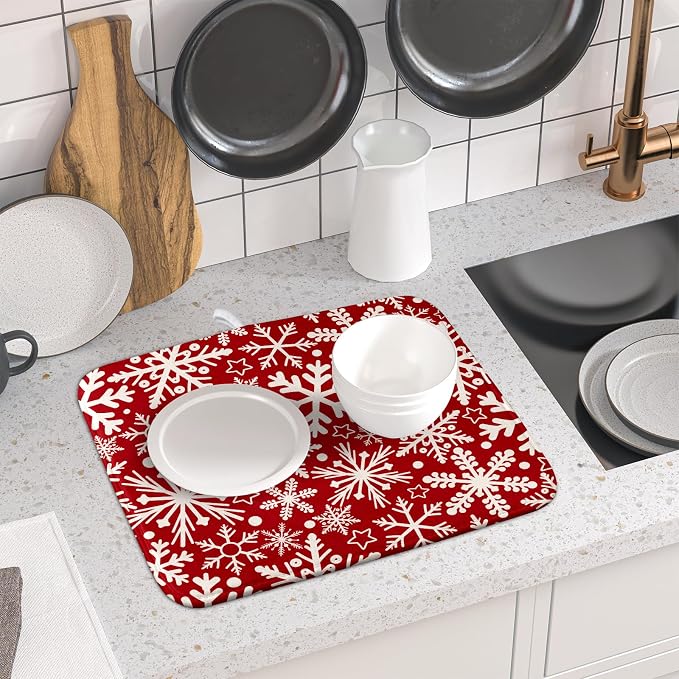 Christmas Dish Drying Mat for Kitchen Counter 16x18 Dark Red Snowflake Winter - Image 6