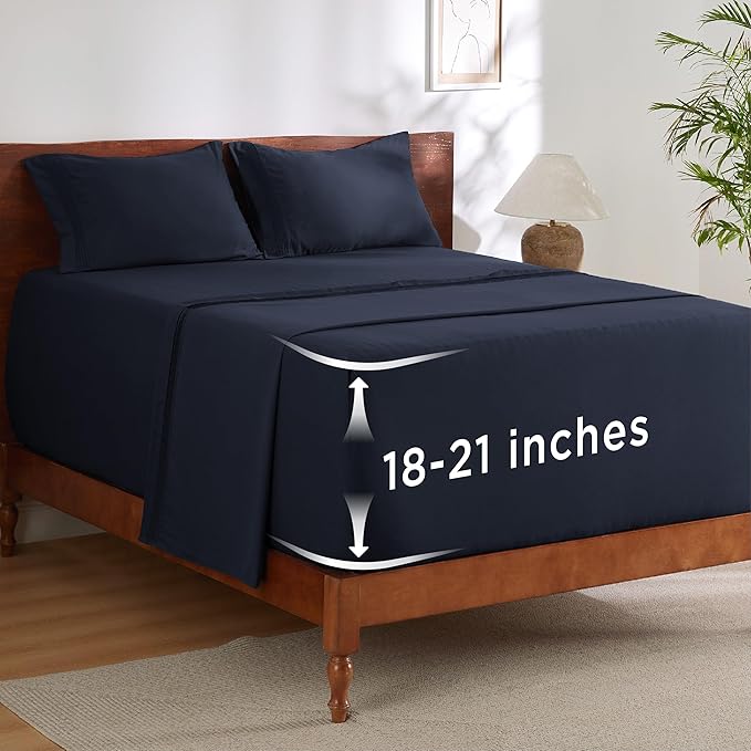 Bedsure Deep Pocket King Sheet Set - Fits Mattresses Up to 21 Inches Thick - 4 Piece GentleSoft Bed Sheets, Moisture Wicking, Soft & Cooling Bedsheet & Pillowcases, Easy & Secure Fit, Navy
