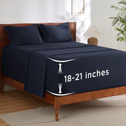 Bedsure Deep Pocket King Sheet Set - Fits Mattresses Up to 21 Inches Thick - 4 Piece GentleSoft Bed Sheets, Moisture Wicking, Soft & Cooling Bedsheet & Pillowcases, Easy & Secure Fit, Navy