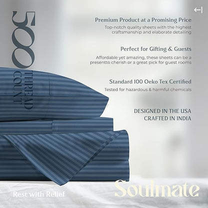 Mayfair Linen 100% Cotton Striped Sheets Twin Size Bed Set - 500 Thread Count Damask Sheets Twin Size 3 PC Set (Light Blue Stripe), Soft, Cooling, Sateen Hotel-Quality 16" Deep Pocket Cotton Bedsheet