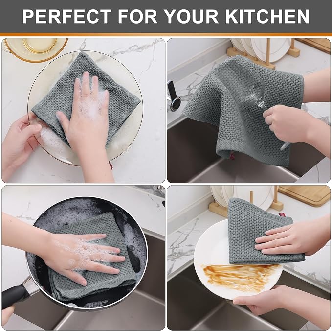 Kitinjoy 100% Cotton Kitchen Dish Cloths, 6 Pack Waffle Weave Ultra Soft - Image 4