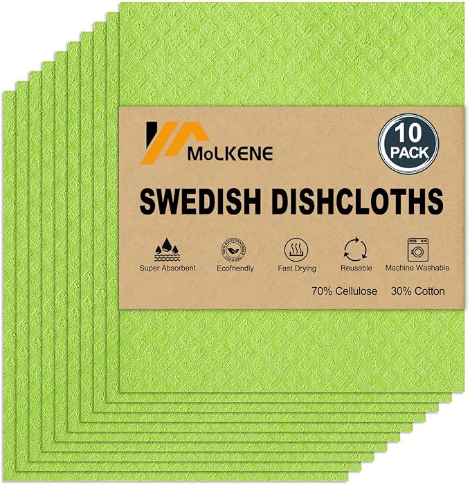 Swedish Dishcloths for Kitchen | 10 Pack Absorbent Cellulose Sponge Cloths by MoLKENE