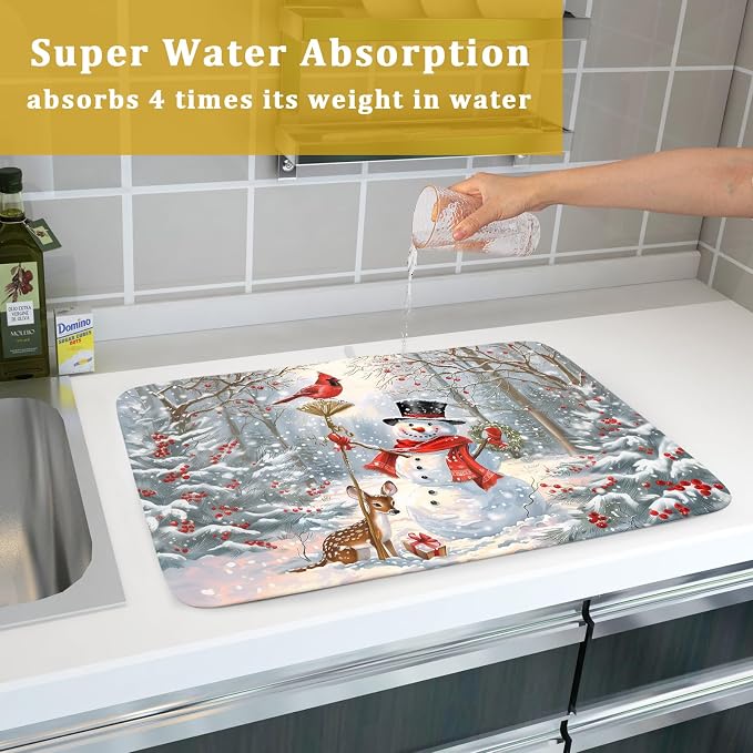 Winter Snowman Dish Drying Mat for Kitchen Counter Red Bird Berry Dishes - Image 7