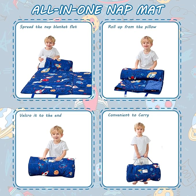 Toddler Nap Mat with Pillow and Blanket, Extra Large Rolled Napping Mats,Slumber Bags for Boys Girls,Kids Sleeping Bag for Daycare, Preschool Travel Camping