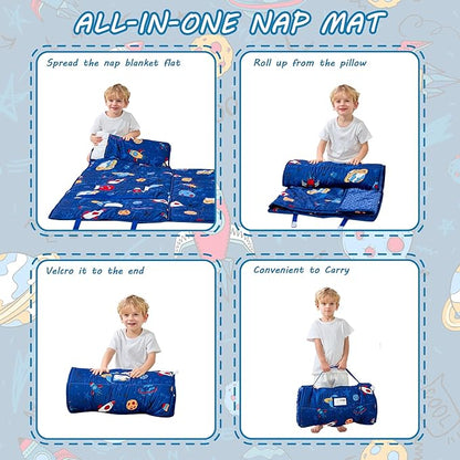 Toddler Nap Mat with Pillow and Blanket, Extra Large Rolled Napping Mats,Slumber Bags for Boys Girls,Kids Sleeping Bag for Daycare, Preschool Travel Camping