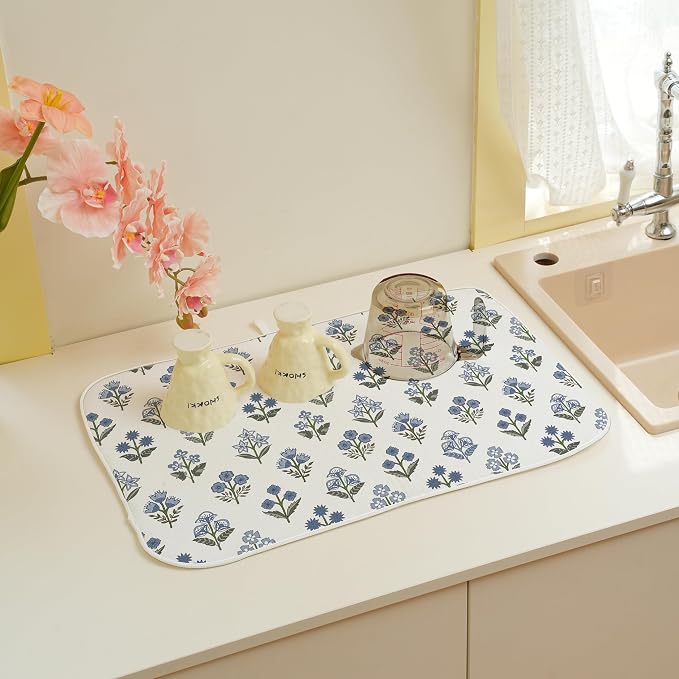 Blue Sage Green Block Print Dish Drying Mats 18x24 Inch Blue Sage Green Vintage - Image 5