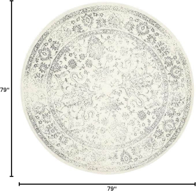 SAFAVIEH Adirondack Collection Area Rug - 6'7" Round, Ivory & Silver, Distressed Vintage Floral Design, Non-Shedding & Easy to Clean, Ideal for Living Room, Bedroom, Dining Space (ADR109C)