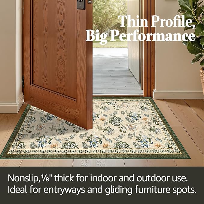 jinchan Elora 2x3 Floral Rug for Entryway Washable Rug Vintage Romance Design Christmas Small Mat Non Slip Indoor Doormat Lightweight Low-Profile Throw Carpet for Bathroom Laundry Room, Green/Beige