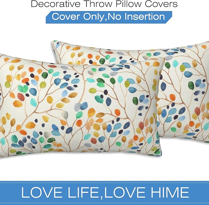 Throw Pillow Covers Colorful Leaves Spots Pillow Covers 20x12 Inch Set of 2 Boho Floral Throw Pillows Decorative Pillow Cases Cushion Covers for Bedroom Livingroom Sofa Farm House