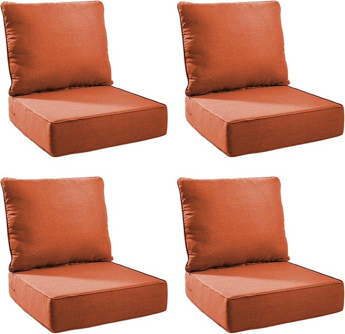 Outdoor Cushion Set for Furniture Patio Furniture, UV Resistant, Water Resistant - 6 Inch Thick Foam Garden Cushions– 24x24 Inch Patio Seat Covers for Chair/Sofa/Couch | Orange | 4-Pack |