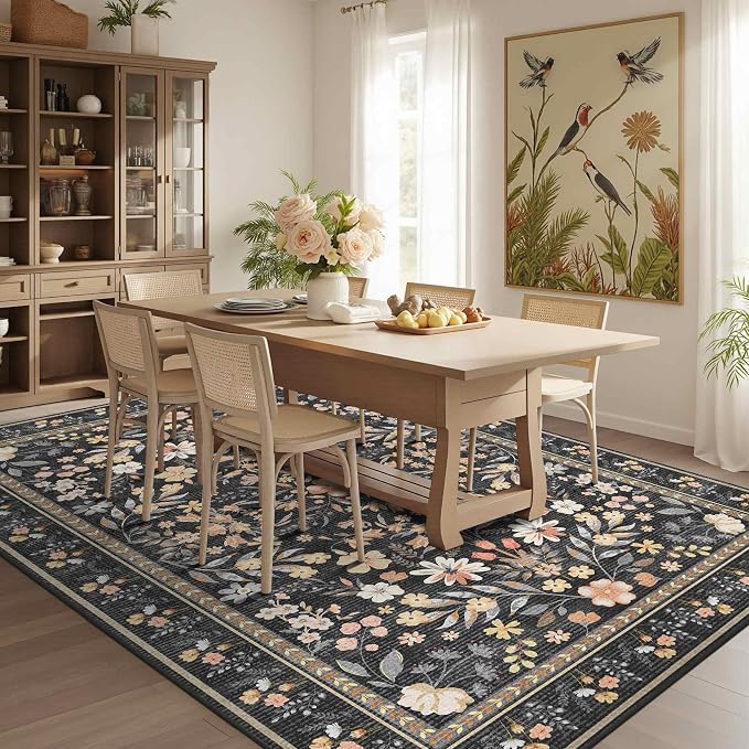 Floral Rug for Living Room Bedroom, 5x7 Washable Rug, Large Non Slip Low Pile - Image 4