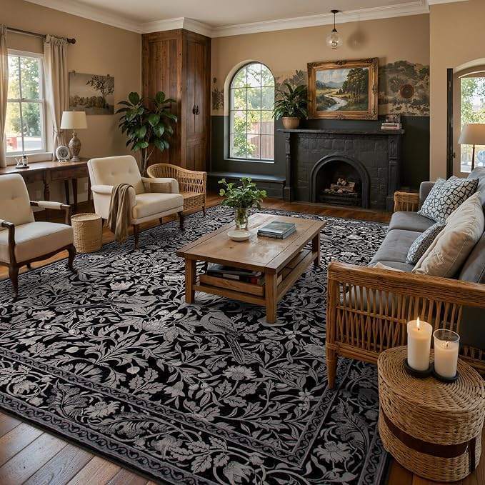 Lahome Bird Area Rugs 9x12 Living Room, Soft Washable Black Rug - Image 2