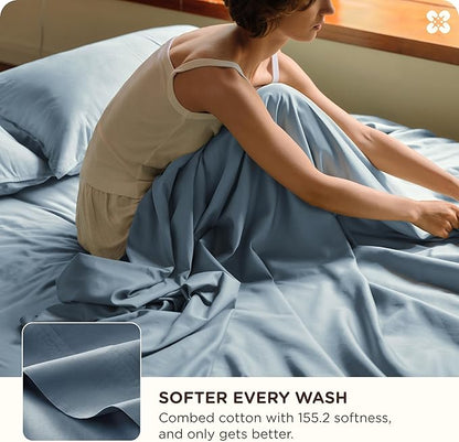 Bedsure Cooling Sheets, Rayon Derived from Bamboo & Cotton Blend, GentleSoft, Breathable, King Size Sheets Set, Deep Pocket Up to 18", Hotel Luxury Bedding for Hot Sleepers, Dusty Blue