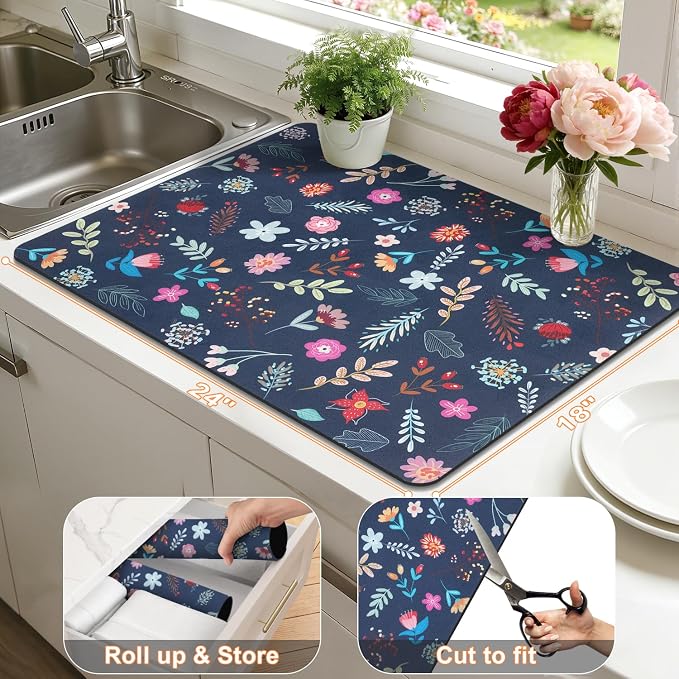 LOKHOM Dish Drying Mat for Kitchen Counter, Vintage Dish Drainer Rack Mat - Image 2