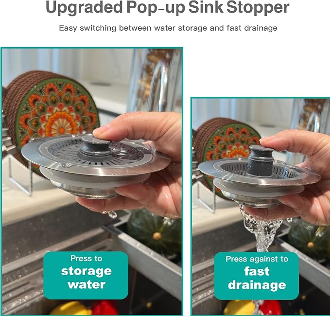 Kitchen Sink Drain Strainer 3 in 1, 304 Stainless Steel Pop Up Sink Stopper - Image 3