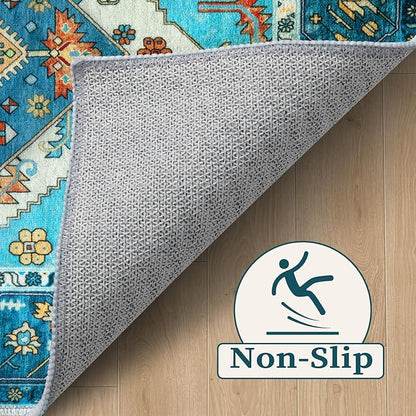 SERISSA 6x9 Area Rugs for Living Room, Large Washable Non-Slip Boho Rug, Ultra Soft Vintage Blue Oriental Tribal Print Distressed Carpet for Dining Room Bedroom Dorm Office Home Decor