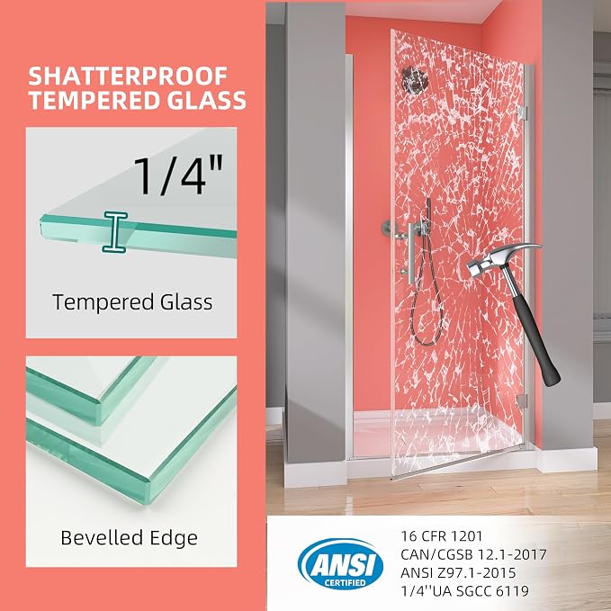 GETPRO Frameless Pivot Shower Door Hinged 30 in. W x 72 in. H Swing Single - Image 8