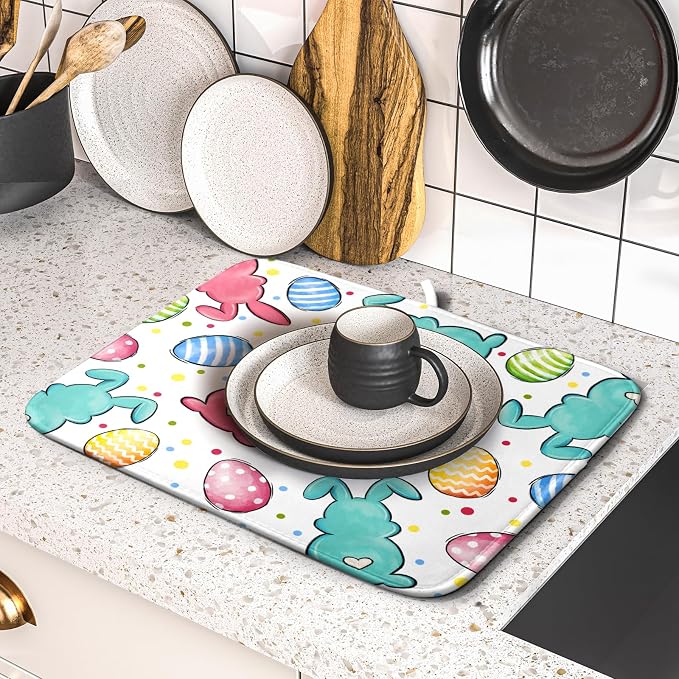 Easter Dish Drying Mat for Kitchen Counter Colorful Bunny Holiday Microfiber - Image 6