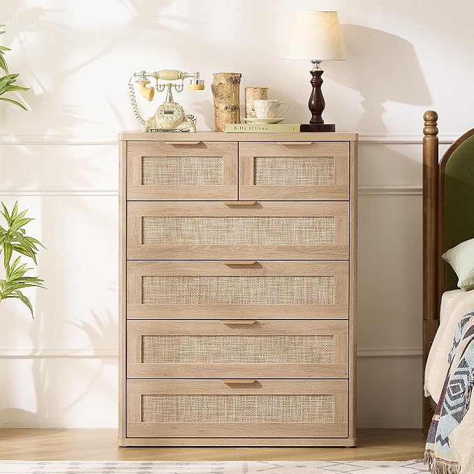 LEYAOYAO Rattan Dresser for Bedroom, Modern 6 Drawers Boho Dressers - Image 6