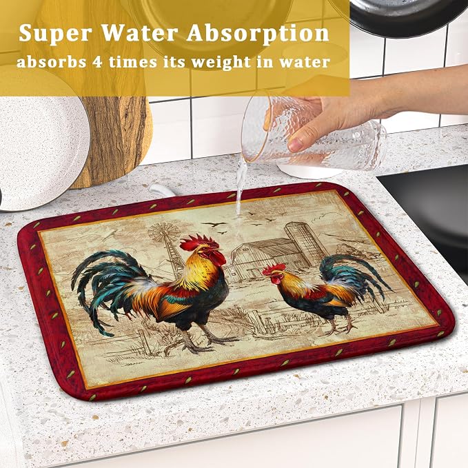 Farm Rooster Dish Drying Mat for Countertop 16x18 Inches Red Rustic Chicken - Image 7