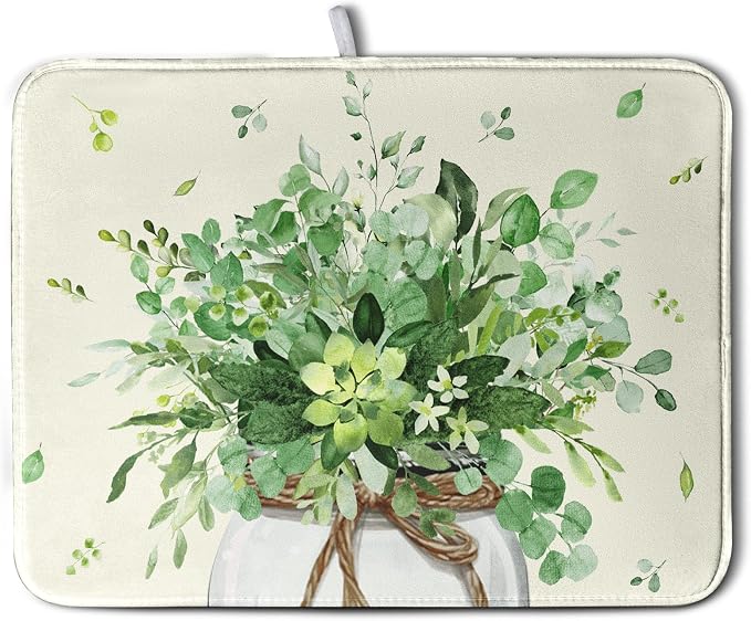 Spring Sage Green Leaves Dish Drying Mat by Kwlegh