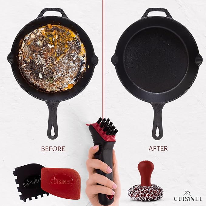 Cuisinel Cast Iron Chain Mail Scrubber + Cleaning Brush + Pan & Grill Scrapers - Image 2