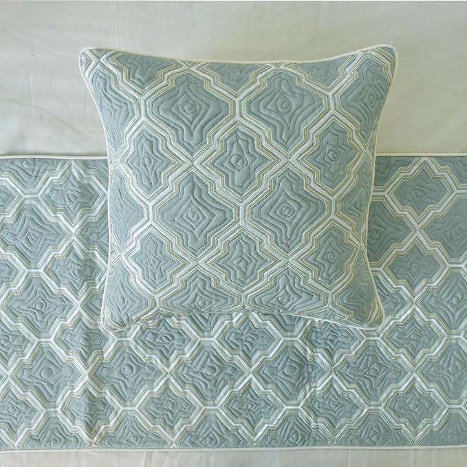 The HomeCentric King/Queen/Twin Light Blue Decorative Bed Runner Twin 53"x18" Bed Runner with One Pillow Cover, Quiled, Embroidery Bed Scarf on Jacquard Fabric - Estelle