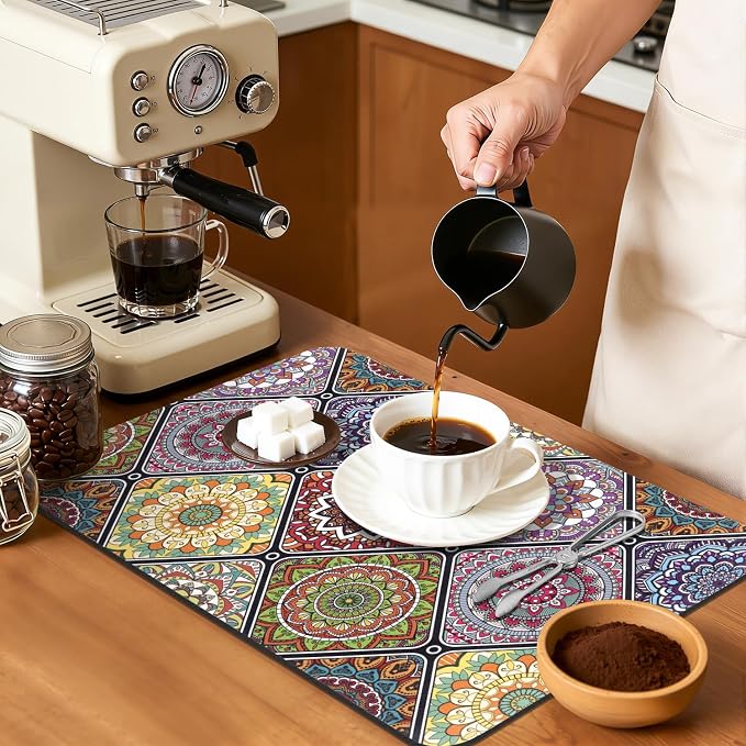 Yamaziot Boho Coffee Mat 12"x20", Floral Dish Drying Mat - Image 5