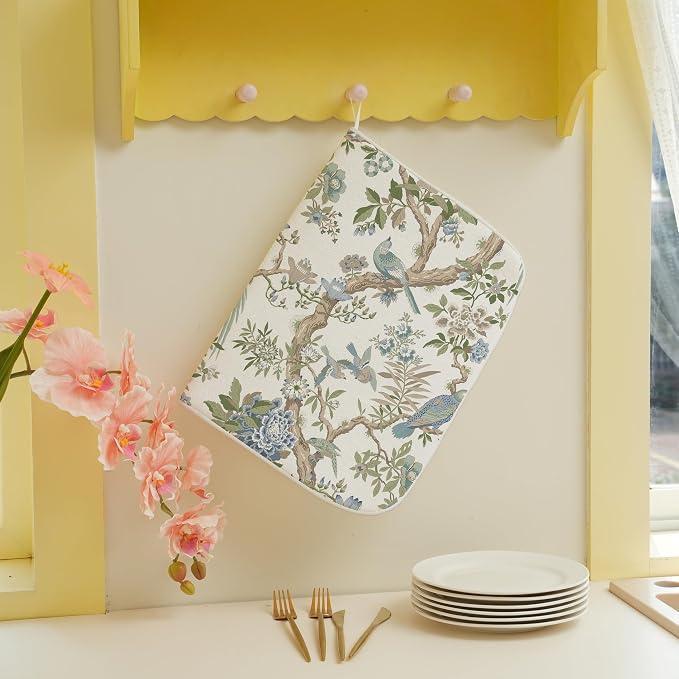 Blue Green Floral Bird Dish Drying Mats 18x24 Inch Blue Green Vintage Flowers - Image 4