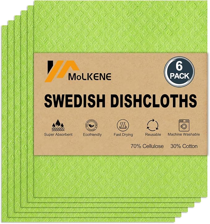 Swedish Dishcloths for Kitchen | 6 Pack Absorbent Cellulose Sponge Cloths by MoLKENE