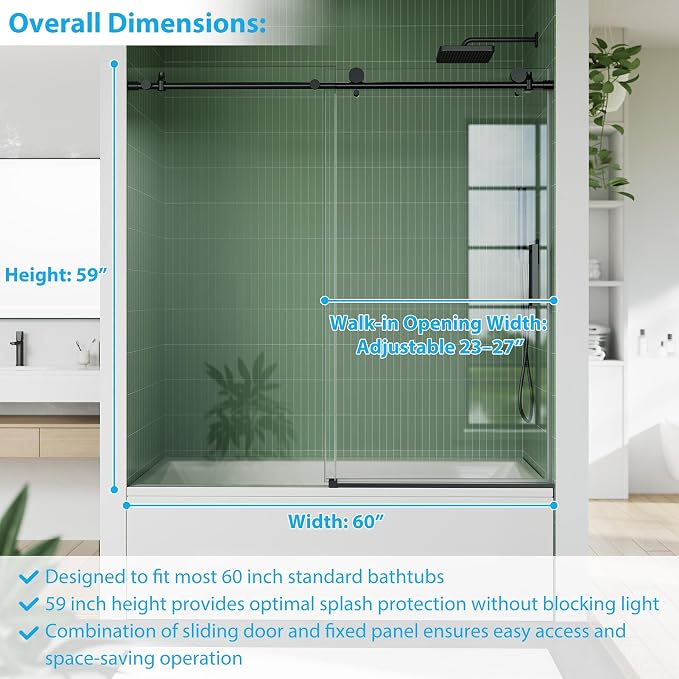 Bathtub Shower Door, Matte Black Stainless Steel Top Rail, One Fixed One - Image 2
