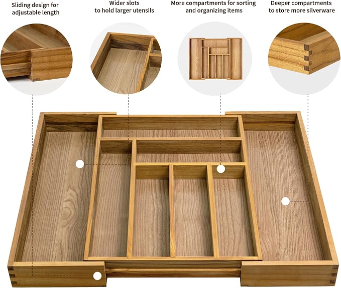 VaeFae Teak Drawer Organizer, Large Silverware Organizer, Expandable Utensil - Image 3