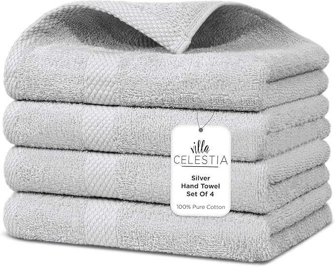 Premium Silver Hand Towels-100% Cotton, Soft & Absorbent, Fast Drying, Elegant by VillaCelestia