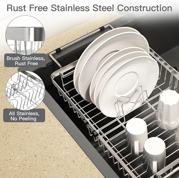 Small Expandable Over The Sink Dish Drainer Drying Rack in Stainless Steel Metal - Image 3