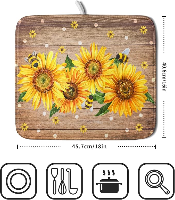 Sunflower Bee Dish Drying Mat for Kitchen Counter Home 16x18 Inch Wood Barn - Image 2