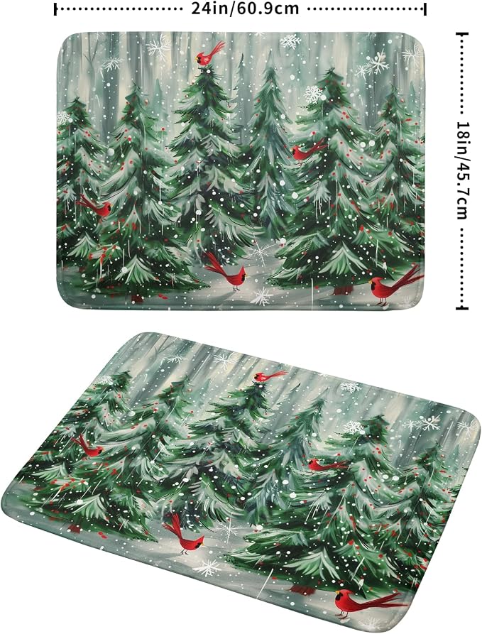 Winter Pine Tree Dish Drying Mat Red Bird Berry Dishes Drainer Mats Absorbent - Image 2