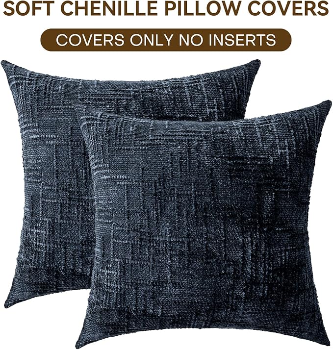 Decorative Throw Pillow Covers 20x20 Inch Set of 2, Soft Solid Farmhouse Chenille Couch Pillows, Spring Pillow Covers for Couch Sofa Bed Living Room Home Decor Pillowcase, Dark Blue