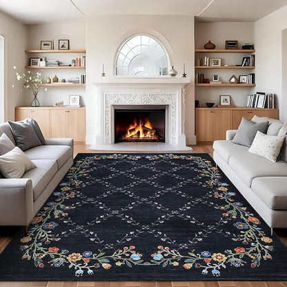 Garveehome 4x6 Washable Floral Area Rugs for Living Room: Modern Floral Non Slip Large Area Rugs for Bedroom, Large Machine Washable Living Room Low Pile Carpet with Non-Slip Backing Black 4 ft x6 ft.