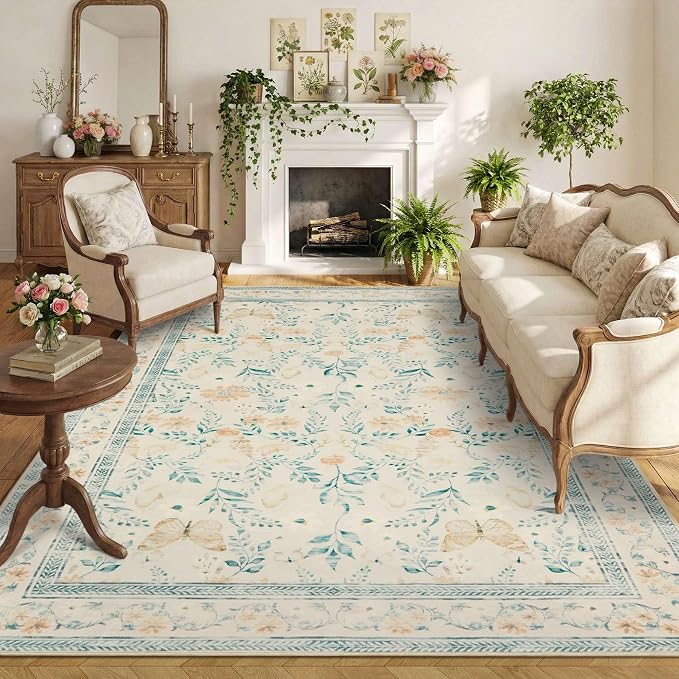 Floral Rug for Living Room Bedroom, 5x7 Washable Rug, Large Non Slip Low Pile by Rugxara