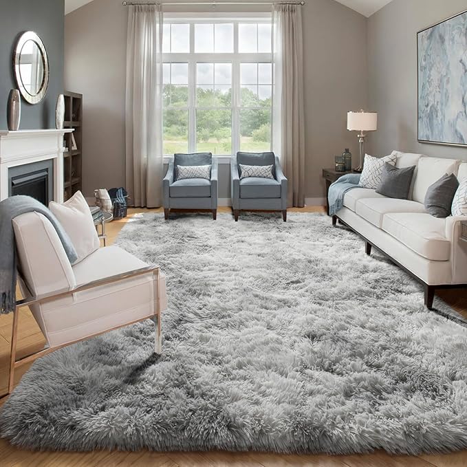 ONASAR Area Rugs 9x12 Living Room, Tie-Dyed Light Grey Large Fluffy Bedroom Rug, Washable Soft Plush Thick Shaggy Big Floor Carpet for Kids Boy Girls Teen Dorm Nursery Indoor Home Decor Aesthetic