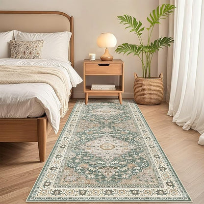 Runner Rug Kitchen Washable Rugs: 3x10 Non-Slip Abstract Soft Modern Stain Resistant Indoor Floor Neutral Accent Throw Carpet for Hallway Bathroom Laundry Room Entryway Bedroom- Green