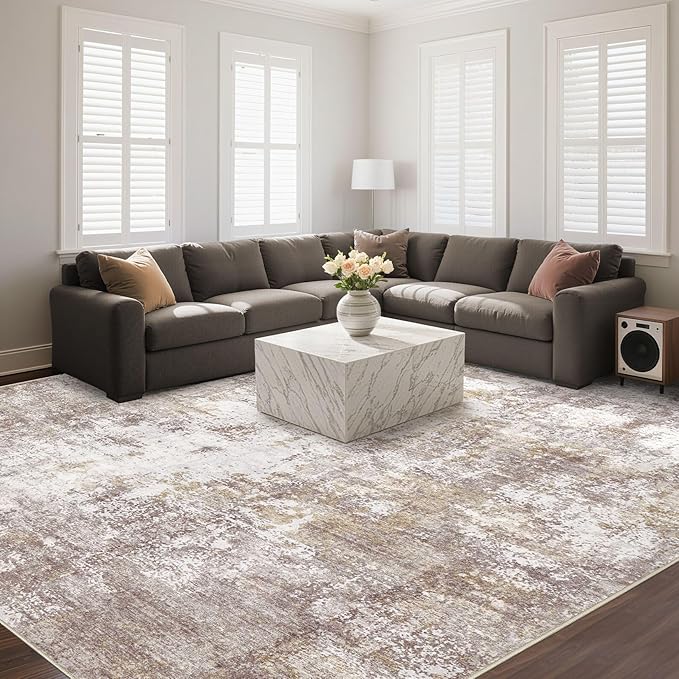 Washable 10X12 Area Rug: Modern Abstract Soft Non-Slip Indoor Rugs - Low Pile Stain Resistant Rug for Living Room Bedroom Dining Room Playroom Office(Golden Brown,10'x12')