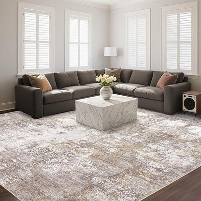 Washable 10X12 Area Rug: Modern Abstract Soft Non-Slip Indoor Rugs - Low Pile Stain Resistant Rug for Living Room Bedroom Dining Room Playroom Office(Golden Brown,10'x12')
