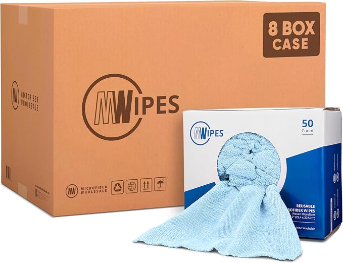 Blue Microfiber Shop Towels | MWipes Reusable Shop Rags | 50 Rags in a Box | by MicrofiberWholesale