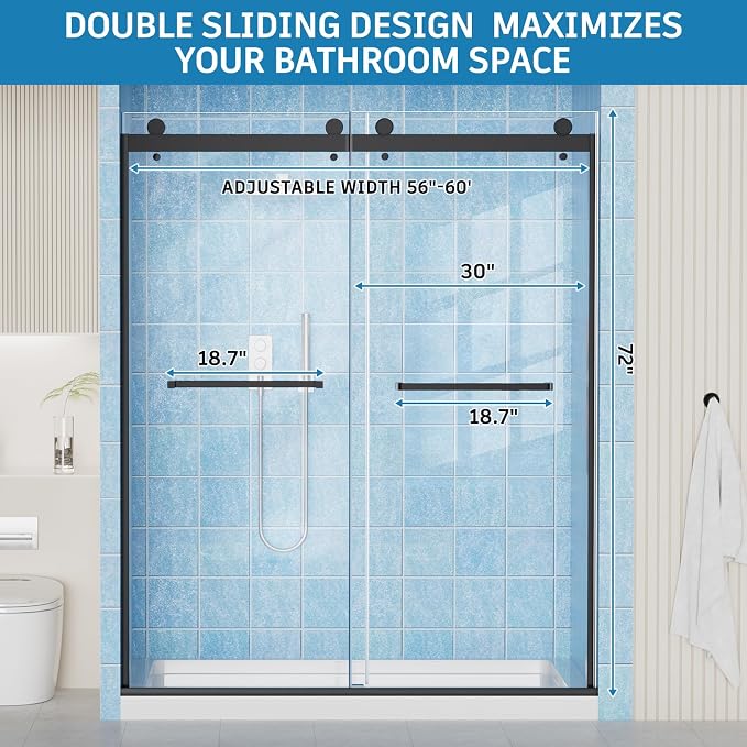 Frameless Shower Door, 56-60" W x 72" H Double Sliding Shower Doors, 1/4" Thick - Image 7