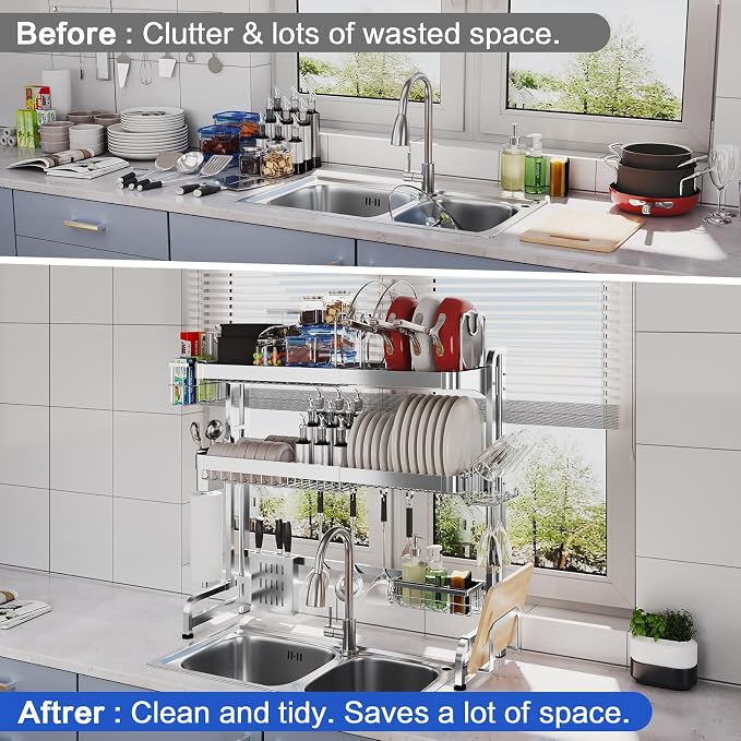 Over The Sink Dish Drying Rack, 3 Tier Adjustable Length Full Stainless Steel - Image 7