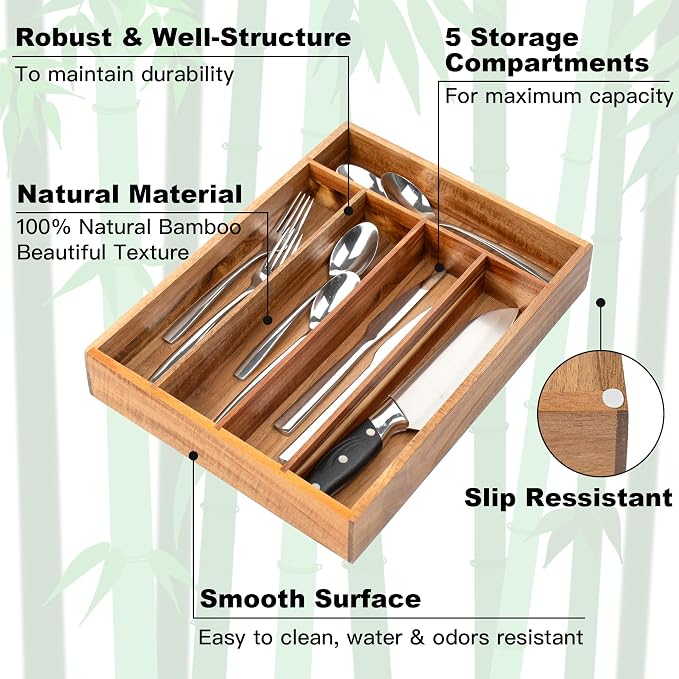 Silverware Organizer Acacia Kitchen Drawer Organizer Utensil Organizer - Image 5