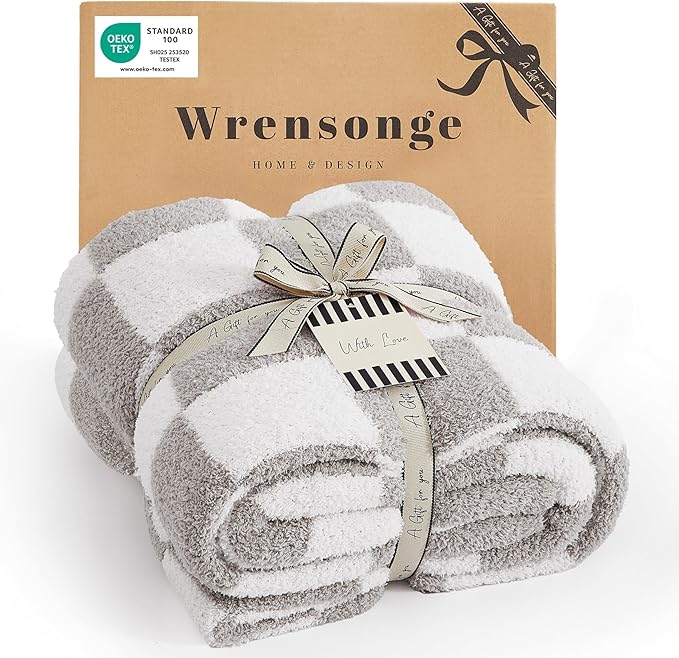 WRENSONGE Checkered Throw Blanket, Light Grey Soft Cozy Fluffy Warm Hand Made Throw Blankets for Couch, Sofa, Chair, Bed, Camping, Picnic, Travel Lightweight Bed Blanket - 50"*70"